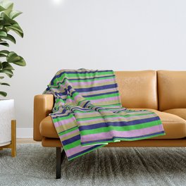 [ Thumbnail: Plum, Dark Khaki, Midnight Blue, and Lime Green Colored Lines/Stripes Pattern Throw Blanket ]