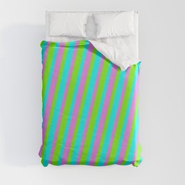 [ Thumbnail: Green, Aqua & Violet Colored Lined Pattern Duvet Cover ]