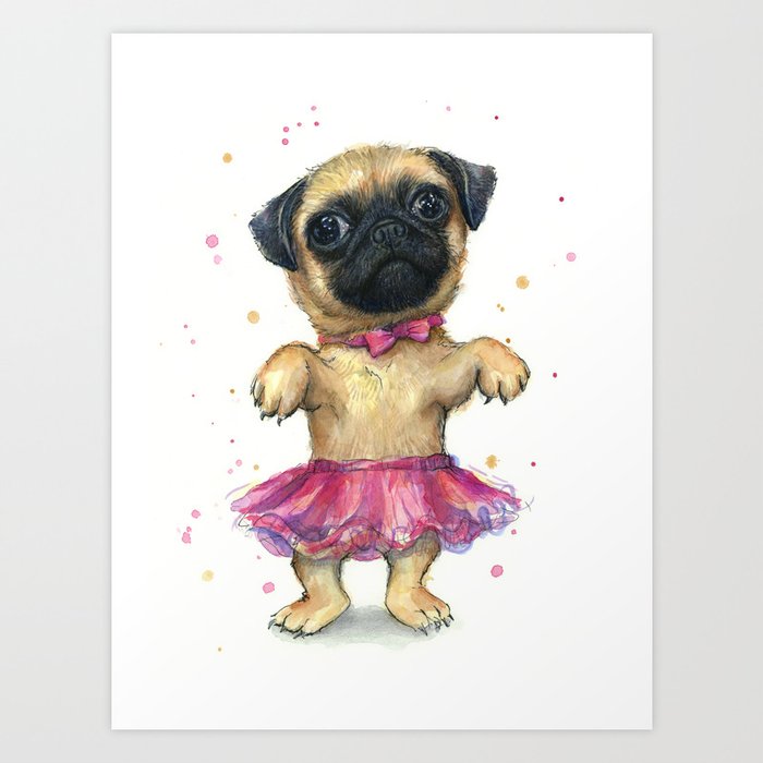 Pug in a Tutu Cute Animal Whimsical Dog Portrait Art Print