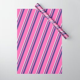 [ Thumbnail: Dark Slate Blue, Hot Pink & White Colored Pattern of Stripes Wrapping Paper ]