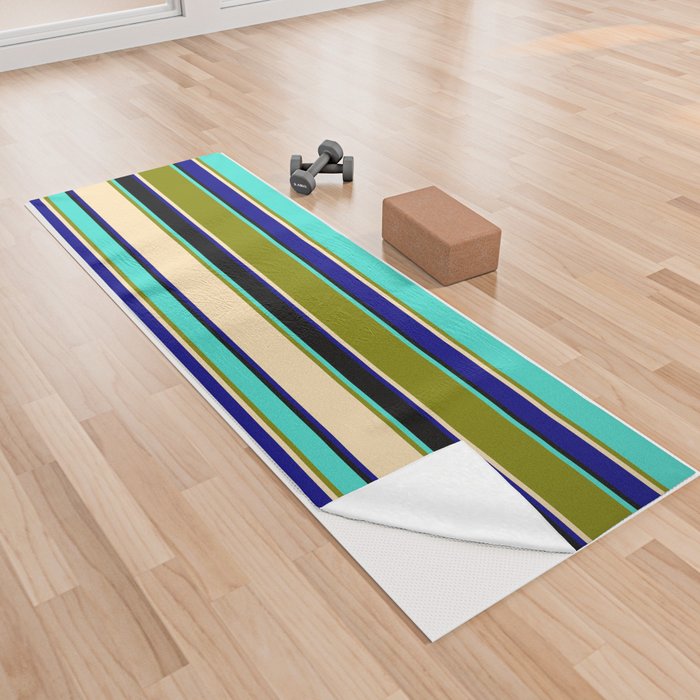 Turquoise, Green, Beige, Blue & Black Colored Striped/Lined Pattern Yoga Towel