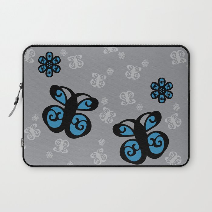 Swirly Butterfly and Flower Design Black, Grey, Blue Color Splash Laptop Sleeve