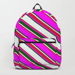 [ Thumbnail: Mint Cream, Crimson, Fuchsia & Dark Green Colored Striped/Lined Pattern Backpack ]