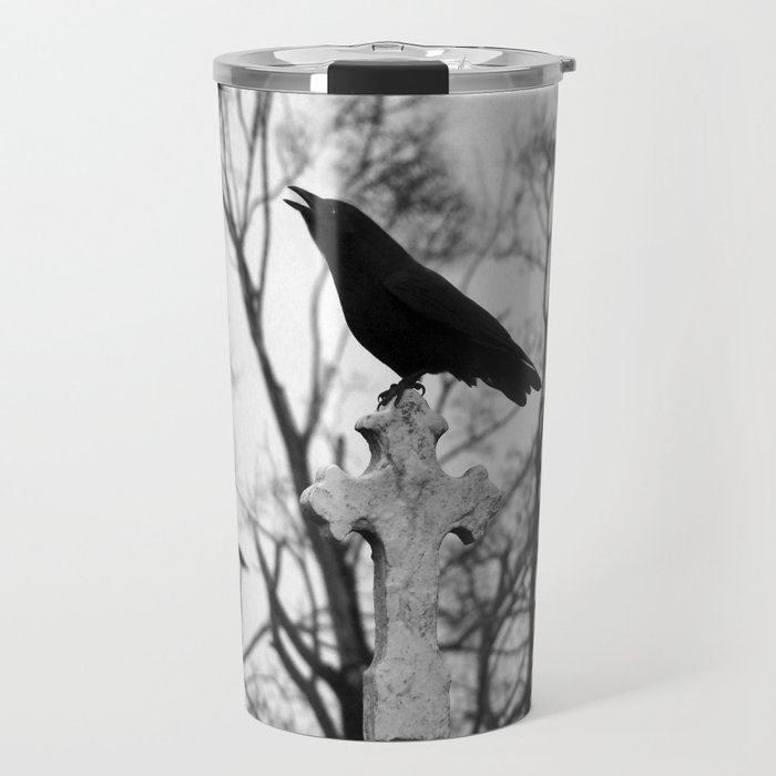 Black And White Cawing Crow Travel Mug