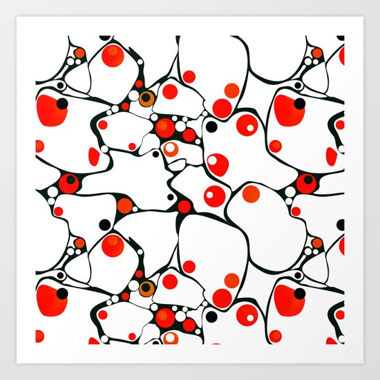 Abstract black and white pattern with red polka dots . Art Print