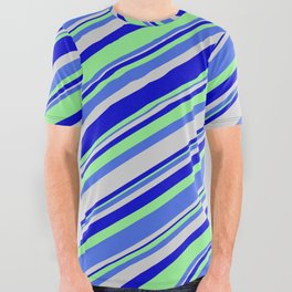 [ Thumbnail: Light Green, Royal Blue, Light Grey, and Blue Colored Lines Pattern All Over Graphic Tee ]