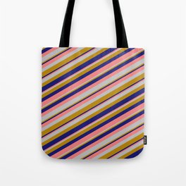 [ Thumbnail: Light Coral, Grey, Dark Goldenrod & Midnight Blue Colored Lines Pattern Tote Bag ]