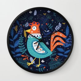 Happy blue chicken roster in flowers theme Wall Clock