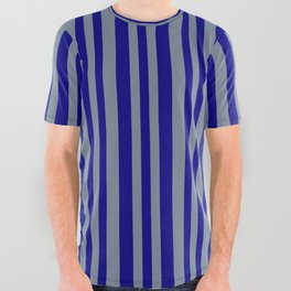 [ Thumbnail: Light Slate Gray and Blue Colored Lines/Stripes Pattern All Over Graphic Tee ]