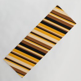 [ Thumbnail: Orange, Tan, Brown, and Black Colored Striped Pattern Yoga Mat ]