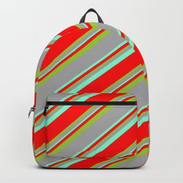 [ Thumbnail: Dark Gray, Aquamarine, Red & Green Colored Lines Pattern Backpack ]