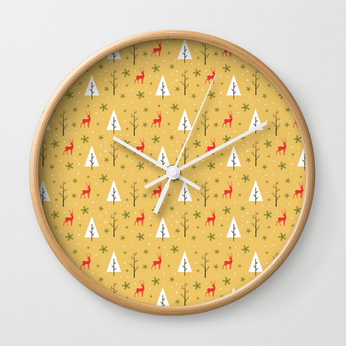 Christmas Pattern Yellow Retro Tree Deer Wall Clock