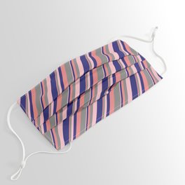 [ Thumbnail: Light Coral, Gray, Pink & Midnight Blue Colored Stripes Pattern Face Mask ]