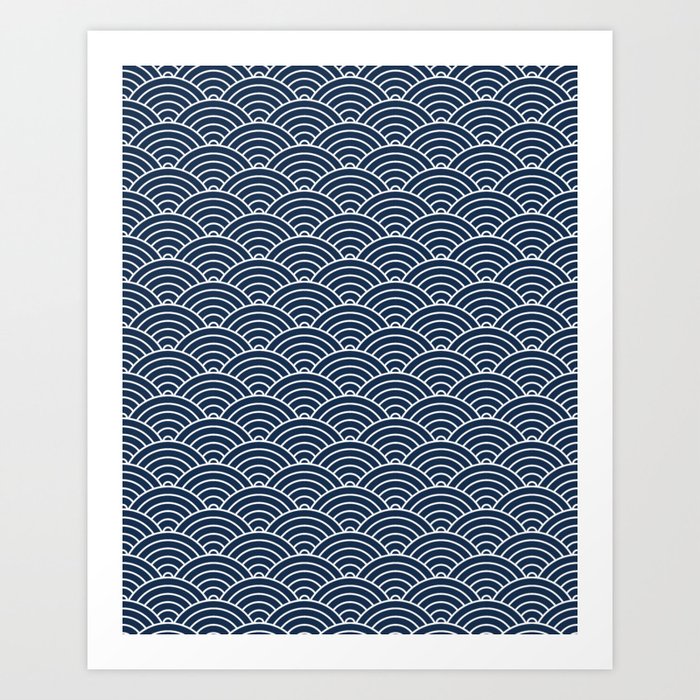 Japanese Waves Pattern Dark Blue Art Print