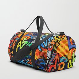 Abstract bright graffiti pattern. With bricks, paint drips, words in graffiti style. Graphic urban design Duffle Bag