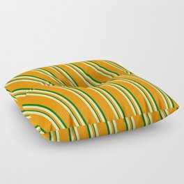 [ Thumbnail: Pale Goldenrod, Dark Orange, and Dark Green Colored Lined Pattern Floor Pillow ]