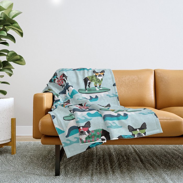 Boston Terrier surfing pattern cute pet gifts dog lovers boston terriers Throw Blanket