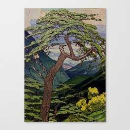 The Downwards Climbing - Summer Tree & Mountain Ukiyoe Nature Landscape in Green Canvas Print