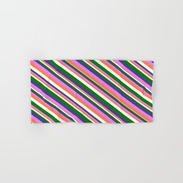 [ Thumbnail: Dark Slate Blue, Violet, Coral, White, and Green Colored Lined/Striped Pattern Hand & Bath Towel ]