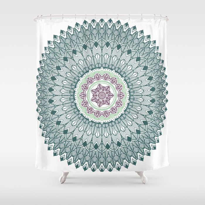Color Teal And Purple Feather Mandala, Turquoise Feather Shower Curtains