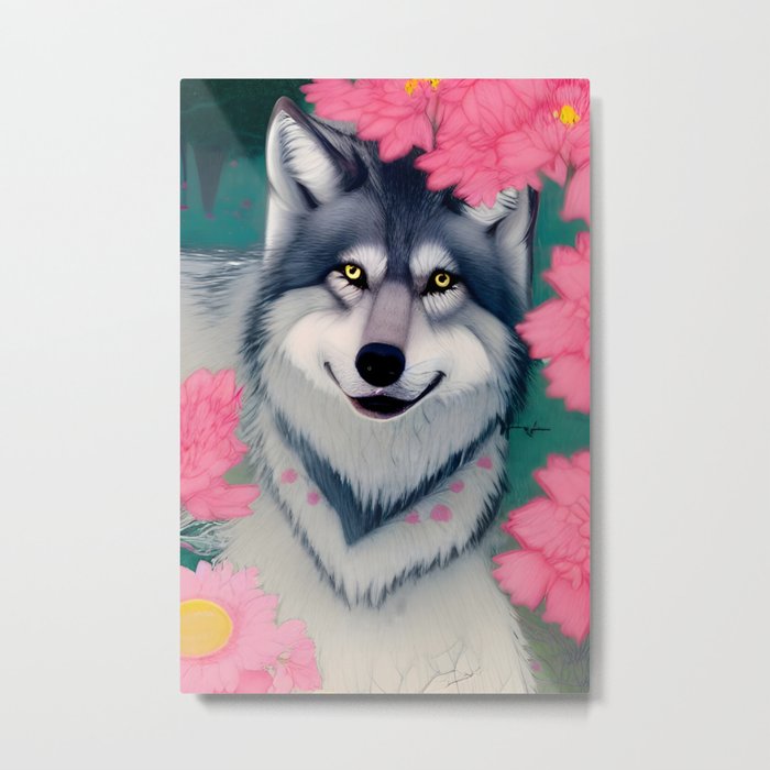 Wolf with Spring Flowers Metal Print