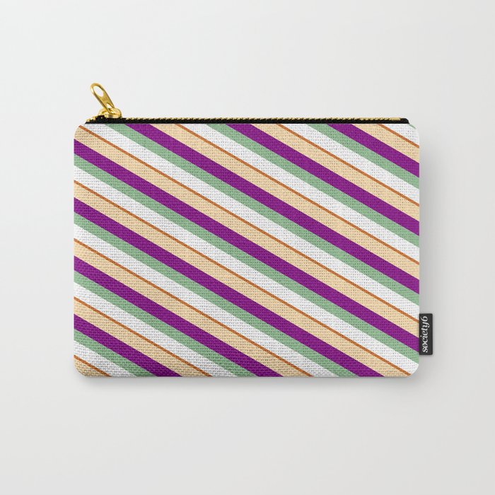 Colorful Tan, Purple, Dark Sea Green, White, and Chocolate Colored Lines/Stripes Pattern Carry-All Pouch