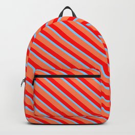 [ Thumbnail: Coral, Red & Light Sky Blue Colored Stripes/Lines Pattern Backpack ]