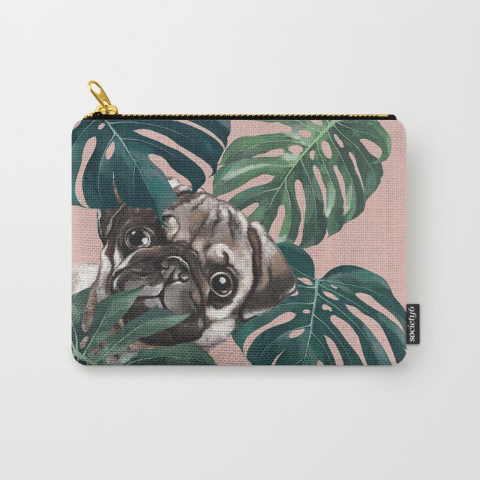 Pug with Monstera Leaf Carry-All Pouch
