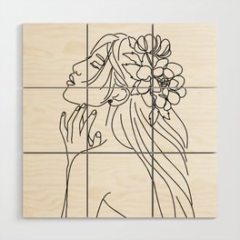 Asian Woman With Flowers Black & White Line Artwork Wood Wall Art