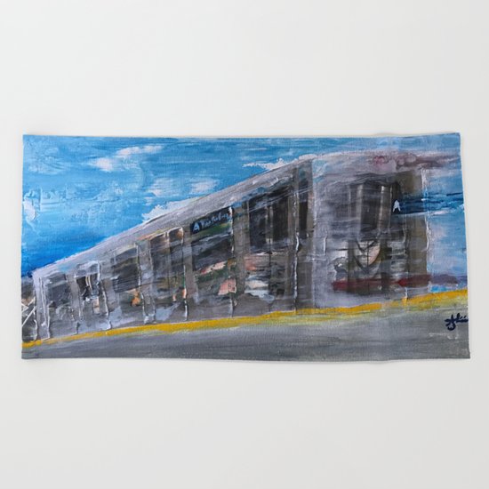 Moving A Train on NYC MTA Platform Beach Towel