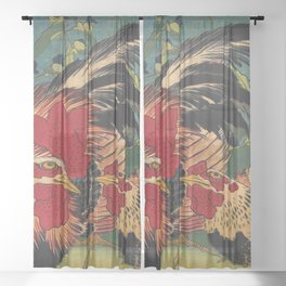 Hokusai, Rooster,Hen and Chicken with Spiderwort Sheer Curtain