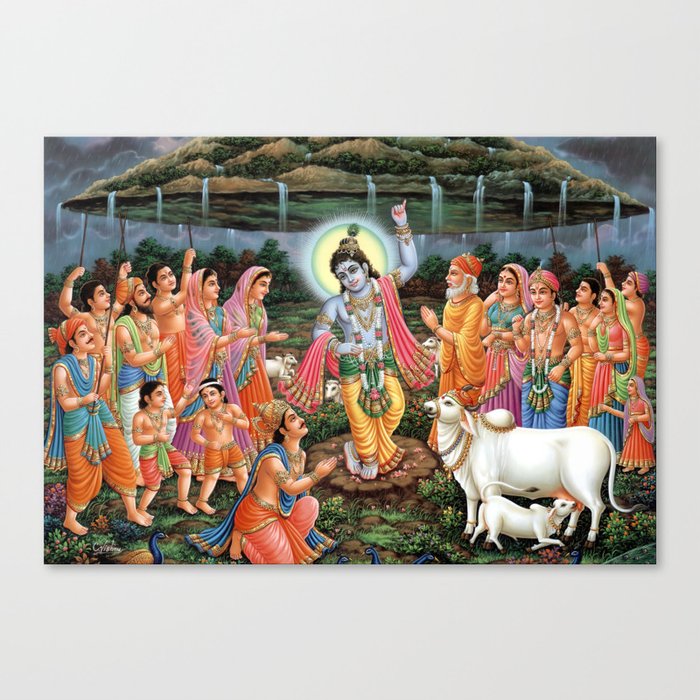 Krishna Lifting Mount Govardhan Canvas Print