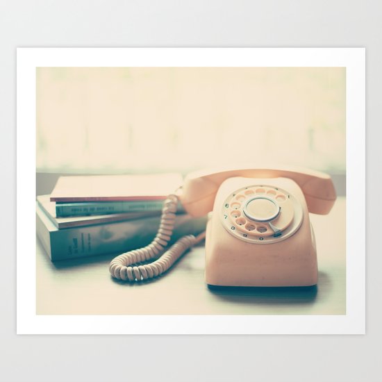 Pink Retro Telephone and Books, still life vintage Art Print