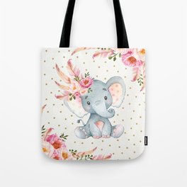 Boho Floral Elephant - Pink & Faux Gold Tote Bag