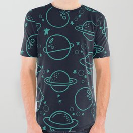 Outer Space Galaxy Print On Dark Blue Background Pattern All Over Graphic Tee