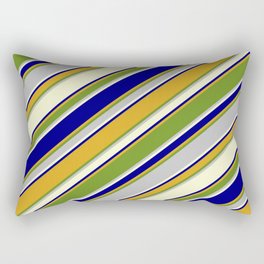 [ Thumbnail: Eyecatching Blue, Goldenrod, Green, Grey & Light Yellow Colored Pattern of Stripes Rectangular Pillow ]