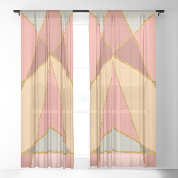 Rose Peach And Grey With Gold Trim Geo Sheer Curtain By
