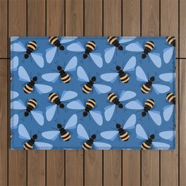 Cute seamless bees illustration pattern on blue background Outdoor Rug