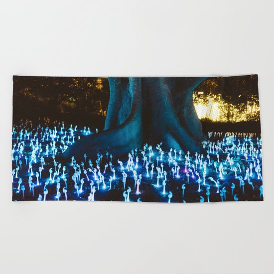 Fantasy forest with magic mushrooms Beach Towel
