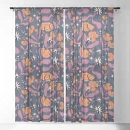 Whimsical Floral Pattern "Wonder" - Navy Blue & Orange Sheer Curtain