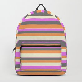[ Thumbnail: Violet, Gray, Brown, and Beige Colored Lined/Striped Pattern Backpack ]