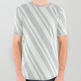 [ Thumbnail: Mint Cream and Light Gray Colored Stripes/Lines Pattern All Over Graphic Tee ]