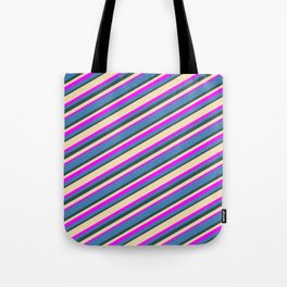 [ Thumbnail: Tan, Fuchsia, Blue, and Dark Slate Gray Colored Stripes Pattern Tote Bag ]
