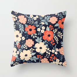 Vintage Navy Floral Pattern Throw Pillow