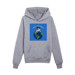 Save the world black and white cat Globus Kids Pullover Hoodies