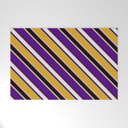 [ Thumbnail: Goldenrod, Lavender, Indigo, and Black Colored Lined Pattern Welcome Mat ]