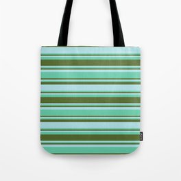 [ Thumbnail: Aquamarine, Dark Olive Green, and Powder Blue Colored Stripes/Lines Pattern Tote Bag ]