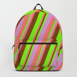 [ Thumbnail: Brown, Chartreuse, Plum & Salmon Colored Stripes Pattern Backpack ]