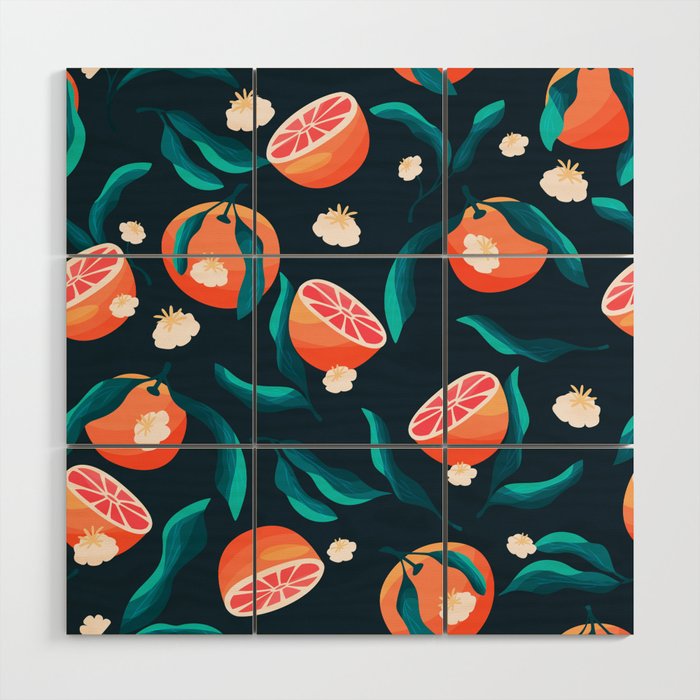 Seamless pattern with hand drawn oranges and floral elements VECTOR Wood Wall Art