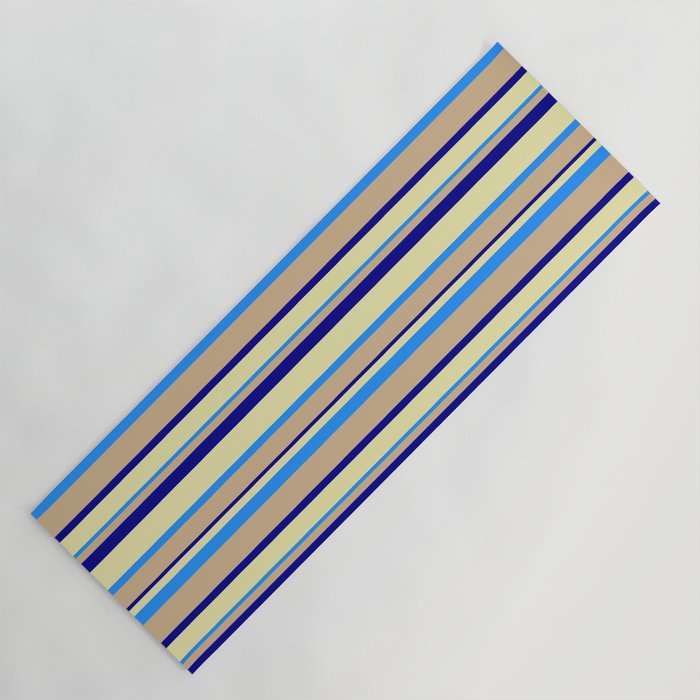 Tan, Dark Blue, Pale Goldenrod & Blue Colored Lined Pattern Yoga Mat